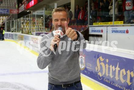 EBEL. Eishockey Bundesliga. KAC gegen	EHC Liwest Black Wings Linz. Hallensprecher Joschi Peharz (KAC). Klagenfurt, am 29.9.2019.
Foto: Kuess
www.qspictures.net

---
pressefotos, pressefotografie, kuess, qs, qspictures, sport, bild, bilder, bilddatenbank