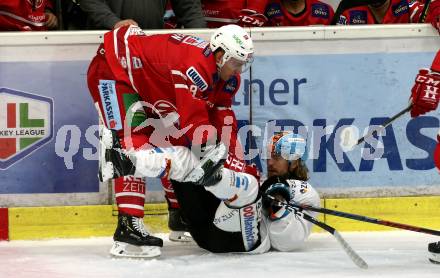 EBEL. Eishockey Bundesliga. KAC gegen	EHC Liwest Black Wings Linz. Nicholas Eric Petersen (KAC), 	Cijan Alexander (Linz). Klagenfurt, am 29.9.2019.
Foto: Kuess
www.qspictures.net

---
pressefotos, pressefotografie, kuess, qs, qspictures, sport, bild, bilder, bilddatenbank