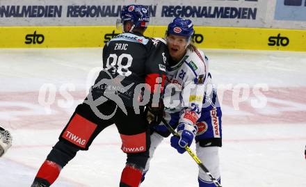 EBEL. Eishockey Bundesliga. EC VSV gegen HC TWK Innsbruck. Miika Lahti,  (VSV), Miha Zajc  (Innsbruck). Villach, am 4.10.2019.
Foto: Kuess
www.qspictures.net
---
pressefotos, pressefotografie, kuess, qs, qspictures, sport, bild, bilder, bilddatenbank
