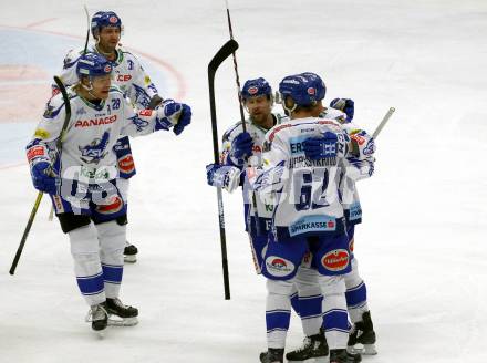 EBEL. Eishockey Bundesliga. EC VSV gegen HC TWK Innsbruck.  Torjubel Jerry Pollastrone, Miika Lahti, Marko Poeyhoenen, Patrick Bjorkstrand, Jamie Fraser (VSV). Villach, am 4.10.2019.
Foto: Kuess
www.qspictures.net
---
pressefotos, pressefotografie, kuess, qs, qspictures, sport, bild, bilder, bilddatenbank