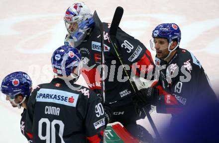 EBEL. Eishockey Bundesliga. EC VSV gegen HC TWK Innsbruck.  Jubel Tyler Cuma, Connor James Motte, Tyler Spurgeon  (Innsbruck). Villach, am 4.10.2019.
Foto: Kuess
www.qspictures.net
---
pressefotos, pressefotografie, kuess, qs, qspictures, sport, bild, bilder, bilddatenbank