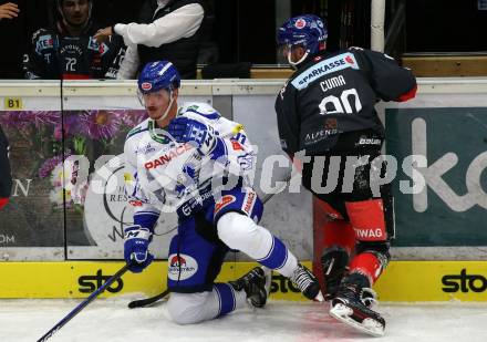 EBEL. Eishockey Bundesliga. EC VSV gegen HC TWK Innsbruck.  Adis Alagic,  (VSV), Tyler Cuma (Innsbruck). Villach, am 4.10.2019.
Foto: Kuess
www.qspictures.net
---
pressefotos, pressefotografie, kuess, qs, qspictures, sport, bild, bilder, bilddatenbank