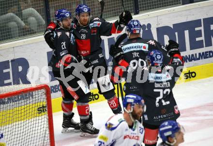 EBEL. Eishockey Bundesliga. EC VSV gegen HC TWK Innsbruck.  Torjubel Joel Broda, Michael Boivin, Miha Zajc, Daniel Wachter  (Innsbruck). Villach, am 4.10.2019.
Foto: Kuess
www.qspictures.net
---
pressefotos, pressefotografie, kuess, qs, qspictures, sport, bild, bilder, bilddatenbank