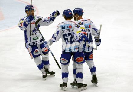 EBEL. Eishockey Bundesliga. EC VSV gegen HC TWK Innsbruck.  Torjubel  Miika Lahti, Patrick Bjorkstrand, Jamie Fraser (VSV). Villach, am 4.10.2019.
Foto: Kuess
www.qspictures.net
---
pressefotos, pressefotografie, kuess, qs, qspictures, sport, bild, bilder, bilddatenbank