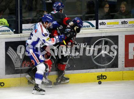 EBEL. Eishockey Bundesliga. EC VSV gegen HC TWK Innsbruck.  Brodie Reid,  (VSV),  Tyler Cuma, Jesper Thoernberg (Innsbruck). Villach, am 4.10.2019.
Foto: Kuess
www.qspictures.net
---
pressefotos, pressefotografie, kuess, qs, qspictures, sport, bild, bilder, bilddatenbank