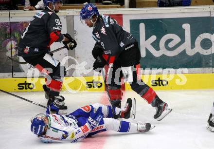 EBEL. Eishockey Bundesliga. EC VSV gegen HC TWK Innsbruck.  John Lammers,  (VSV), Christof Wappis (Innsbruck). Villach, am 4.10.2019.
Foto: Kuess
www.qspictures.net
---
pressefotos, pressefotografie, kuess, qs, qspictures, sport, bild, bilder, bilddatenbank