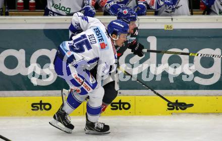 EBEL. Eishockey Bundesliga. EC VSV gegen HC TWK Innsbruck.  Brodie Reid,  (VSV), Clemens Paulweber (Innsbruck). Villach, am 4.10.2019.
Foto: Kuess
www.qspictures.net
---
pressefotos, pressefotografie, kuess, qs, qspictures, sport, bild, bilder, bilddatenbank