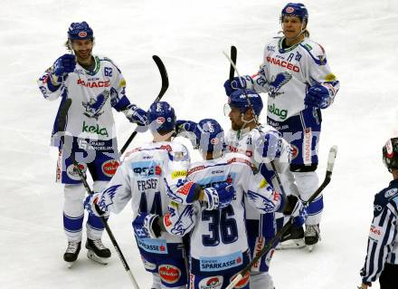EBEL. Eishockey Bundesliga. EC VSV gegen HC TWK Innsbruck.  Torjubel Jamie Fraser, Jerry Pollastrone, Marko Poeyhoenen, Patrick Bjorkstrand, Miika Lahti (VSV). Villach, am 4.10.2019.
Foto: Kuess
www.qspictures.net
---
pressefotos, pressefotografie, kuess, qs, qspictures, sport, bild, bilder, bilddatenbank