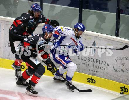 EBEL. Eishockey Bundesliga. EC VSV gegen HC TWK Innsbruck.  Patrick Bjorkstrand,  (VSV), Sacha Guimond, Luis Ludin (Innsbruck). Villach, am 4.10.2019.
Foto: Kuess
www.qspictures.net
---
pressefotos, pressefotografie, kuess, qs, qspictures, sport, bild, bilder, bilddatenbank