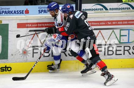 EBEL. Eishockey Bundesliga. EC VSV gegen HC TWK Innsbruck.  Nico Brunner,  (VSV), Jan Lattner (Innsbruck). Villach, am 4.10.2019.
Foto: Kuess
www.qspictures.net
---
pressefotos, pressefotografie, kuess, qs, qspictures, sport, bild, bilder, bilddatenbank