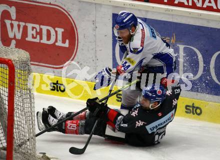 EBEL. Eishockey Bundesliga. EC VSV gegen HC TWK Innsbruck.  Jamie Fraser,  (VSV), Tyler Spurgeon (Innsbruck). Villach, am 4.10.2019.
Foto: Kuess
www.qspictures.net
---
pressefotos, pressefotografie, kuess, qs, qspictures, sport, bild, bilder, bilddatenbank