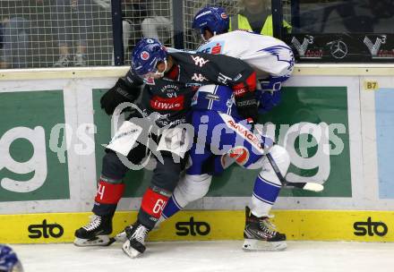 EBEL. Eishockey Bundesliga. EC VSV gegen HC TWK Innsbruck.  Felix Maxa,  (VSV),  Ondrej Sedivy (Innsbruck). Villach, am 4.10.2019.
Foto: Kuess
www.qspictures.net
---
pressefotos, pressefotografie, kuess, qs, qspictures, sport, bild, bilder, bilddatenbank