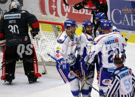EBEL. Eishockey Bundesliga. EC VSV gegen HC TWK Innsbruck. Torjubel Stefan Bacher, Martin Ulmer, Markus Schlacher, Chris Collins, Nico Brunner  (VSV). Villach, am 4.10.2019.
Foto: Kuess
www.qspictures.net
---
pressefotos, pressefotografie, kuess, qs, qspictures, sport, bild, bilder, bilddatenbank