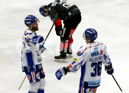 EBEL. Eishockey Bundesliga. EC VSV gegen HC TWK Innsbruck.  Torjubel Jamie Fraser, Jerry Pollastrone (VSV). Villach, am 4.10.2019.
Foto: Kuess
www.qspictures.net
---
pressefotos, pressefotografie, kuess, qs, qspictures, sport, bild, bilder, bilddatenbank