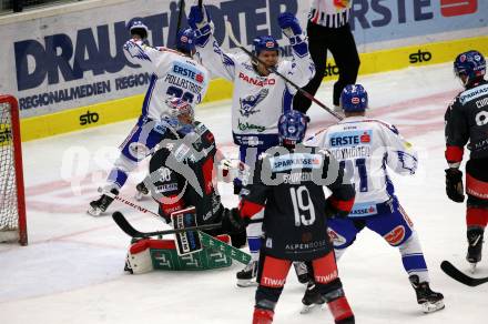 EBEL. Eishockey Bundesliga. EC VSV gegen HC TWK Innsbruck. Torjubel Jerry Pollastrone, Miika Lahti, Marko Poeyhoenen  (VSV). Villach, am 4.10.2019.
Foto: Kuess
www.qspictures.net
---
pressefotos, pressefotografie, kuess, qs, qspictures, sport, bild, bilder, bilddatenbank