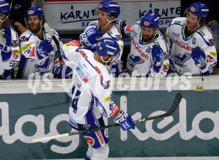 EBEL. Eishockey Bundesliga. EC VSV gegen HC TWK Innsbruck.   Torjubel Jamie Fraser (VSV). Villach, am 4.10.2019.
Foto: Kuess
www.qspictures.net
---
pressefotos, pressefotografie, kuess, qs, qspictures, sport, bild, bilder, bilddatenbank