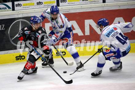 EBEL. Eishockey Bundesliga. EC VSV gegen HC TWK Innsbruck.  Marko Poehoenen, Jamie Fraser,  (VSV), Daniel Wachter (Innsbruck). Villach, am 4.10.2019.
Foto: Kuess
www.qspictures.net
---
pressefotos, pressefotografie, kuess, qs, qspictures, sport, bild, bilder, bilddatenbank