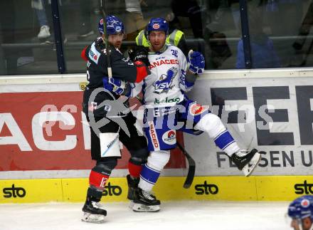 EBEL. Eishockey Bundesliga. EC VSV gegen HC TWK Innsbruck.  Jerry Pollastrone,  (VSV), Thomas Vallant (Innsbruck). Villach, am 4.10.2019.
Foto: Kuess
www.qspictures.net
---
pressefotos, pressefotografie, kuess, qs, qspictures, sport, bild, bilder, bilddatenbank