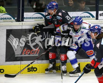 EBEL. Eishockey Bundesliga. EC VSV gegen HC TWK Innsbruck.  Jerry Pollastrone,  (VSV), Michael Boivin (Innsbruck). Villach, am 4.10.2019.
Foto: Kuess
www.qspictures.net
---
pressefotos, pressefotografie, kuess, qs, qspictures, sport, bild, bilder, bilddatenbank
