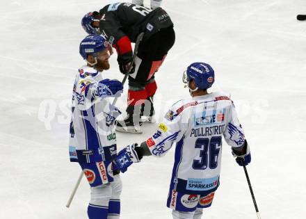 EBEL. Eishockey Bundesliga. EC VSV gegen HC TWK Innsbruck.  Torjubel Jamie Fraser, Jerry Pollastrone (VSV). Villach, am 4.10.2019.
Foto: Kuess
www.qspictures.net
---
pressefotos, pressefotografie, kuess, qs, qspictures, sport, bild, bilder, bilddatenbank