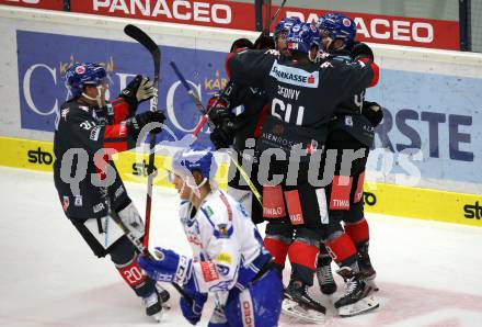 EBEL. Eishockey Bundesliga. EC VSV gegen HC TWK Innsbruck.  Torjubel Joel Broda, Jan Lattner, Ondrej Sedivy, Jesper Thoernberg  (Innsbruck). Villach, am 4.10.2019.
Foto: Kuess
www.qspictures.net
---
pressefotos, pressefotografie, kuess, qs, qspictures, sport, bild, bilder, bilddatenbank