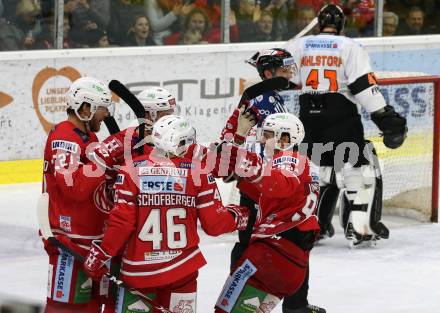 EBEL. Eishockey Bundesliga. KAC gegen	Moser Medical Graz99ers. Torjubel Thomas Hundertpfund, Johannes Bischofberger, Stefan Geier, Clemens Unterweger (KAC). Klagenfurt, am 6.10.2019.
Foto: Kuess
www.qspictures.net

---
pressefotos, pressefotografie, kuess, qs, qspictures, sport, bild, bilder, bilddatenbank