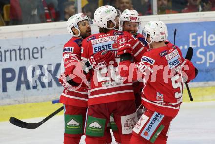 EBEL. Eishockey Bundesliga. KAC gegen	Moser Medical Graz99ers. Torjubel Thomas Koch, Matthew Neal, Andrew Jacob Kozek, Martin Schumnig (KAC). Klagenfurt, am 6.10.2019.
Foto: Kuess
www.qspictures.net

---
pressefotos, pressefotografie, kuess, qs, qspictures, sport, bild, bilder, bilddatenbank