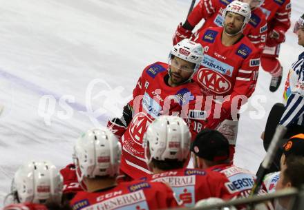 EBEL. Eishockey Bundesliga. KAC gegen	Moser Medical Graz99ers. Torjubel Thomas Koch, Andrew Jacob Kozek (KAC). Klagenfurt, am 6.10.2019.
Foto: Kuess
www.qspictures.net

---
pressefotos, pressefotografie, kuess, qs, qspictures, sport, bild, bilder, bilddatenbank