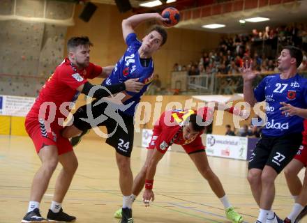 Handball Bundesliga. HLA. SC Kelag Ferlach gegen UHK Krems. Mladan Jovanovic,  (SCF), Kenan Hasecic (Krems). Ferlach, am 28.9.2019.
Foto: Kuess
---
pressefotos, pressefotografie, kuess, qs, qspictures, sport, bild, bilder, bilddatenbank