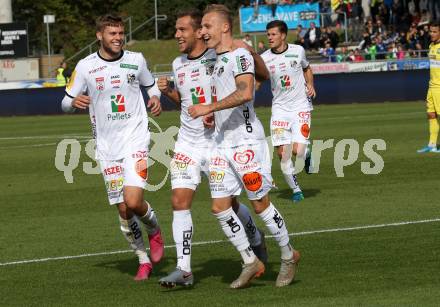 Fussball Bundesliga. RZ Pellets WAC gegen spusu SKN St. Poelten. Torjubel Dominik Baumgartner, Mario Leitgeb, Marcel Ritzmaier (WAC),  (St. Poelten). Wolfsberg, am 6.10.2019.
Foto: Kuess
www.qspictures.net

---
pressefotos, pressefotografie, kuess, qs, qspictures, sport, bild, bilder, bilddatenbank