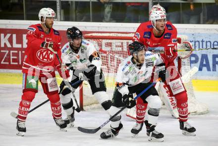 EBEL. Eishockey Bundesliga. KAC gegen	Moser Medical Graz99ers. Thomas Hundertpfund, Adam Comrie,  (KAC), Zintis Nauris Zusevics, Kevin Moderer (Graz). Klagenfurt, am 6.10.2019.
Foto: Kuess
www.qspictures.net

---
pressefotos, pressefotografie, kuess, qs, qspictures, sport, bild, bilder, bilddatenbank
