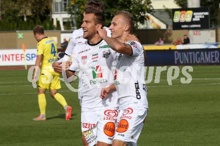 Fussball Bundesliga. RZ Pellets WAC gegen spusu SKN St. Poelten. Torjubel  Mario Leitgeb, Marcel Ritzmaier (WAC). Wolfsberg, am 6.10.2019.
Foto: Kuess
www.qspictures.net

---
pressefotos, pressefotografie, kuess, qs, qspictures, sport, bild, bilder, bilddatenbank