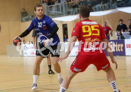 Handball Bundesliga. HLA. SC Kelag Ferlach gegen UHK Krems. Matic Kotar (SCF), Marko Simek (Krems). Ferlach, am 28.9.2019.
Foto: Kuess
---
pressefotos, pressefotografie, kuess, qs, qspictures, sport, bild, bilder, bilddatenbank