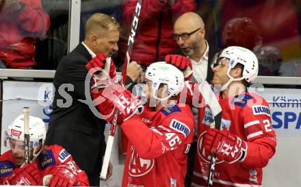 EBEL. Eishockey Bundesliga. KAC gegen	Moser Medical Graz99ers. Jubel Trainer Petri Matikainen, Co-Trainer Jarno Mensonen, Johannes Bischofberger, Manuel Geier (KAC). Klagenfurt, am 6.10.2019.
Foto: Kuess
www.qspictures.net

---
pressefotos, pressefotografie, kuess, qs, qspictures, sport, bild, bilder, bilddatenbank