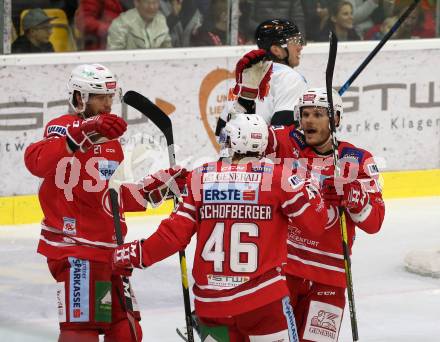 EBEL. Eishockey Bundesliga. KAC gegen	Moser Medical Graz99ers. Torjubel Thomas Hundertpfund, Johannes Bischofberger, Stefan Geier (KAC). Klagenfurt, am 6.10.2019.
Foto: Kuess
www.qspictures.net

---
pressefotos, pressefotografie, kuess, qs, qspictures, sport, bild, bilder, bilddatenbank