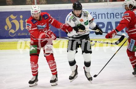 EBEL. Eishockey Bundesliga. KAC gegen	Moser Medical Graz99ers.  Clemens Unterweger, (KAC), Lukas Kainz  (Graz). Klagenfurt, am 6.10.2019.
Foto: Kuess
www.qspictures.net

---
pressefotos, pressefotografie, kuess, qs, qspictures, sport, bild, bilder, bilddatenbank