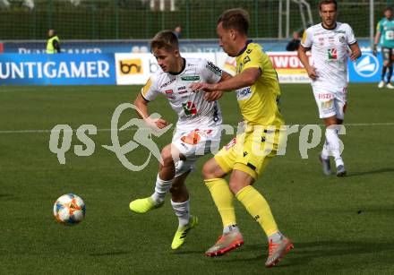 Fussball Bundesliga. RZ Pellets WAC gegen spusu SKN St. Poelten.  Romano Christian Schmid,  (WAC), Dominik Hofbauer (St. Poelten). Wolfsberg, am 6.10.2019.
Foto: Kuess
www.qspictures.net

---
pressefotos, pressefotografie, kuess, qs, qspictures, sport, bild, bilder, bilddatenbank