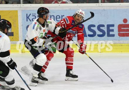 EBEL. Eishockey Bundesliga. KAC gegen	Moser Medical Graz99ers. Marcel Witting,  (KAC), Oliver Setzinger (Graz). Klagenfurt, am 6.10.2019.
Foto: Kuess
www.qspictures.net

---
pressefotos, pressefotografie, kuess, qs, qspictures, sport, bild, bilder, bilddatenbank