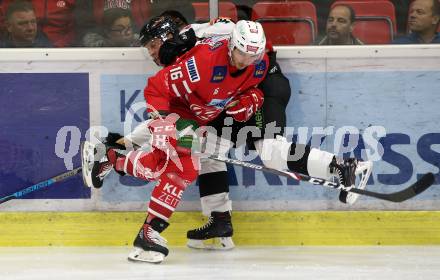 EBEL. Eishockey Bundesliga. KAC gegen	Moser Medical Graz99ers. Patrick Harand,  (KAC), David Aslin (Graz). Klagenfurt, am 6.10.2019.
Foto: Kuess
www.qspictures.net

---
pressefotos, pressefotografie, kuess, qs, qspictures, sport, bild, bilder, bilddatenbank