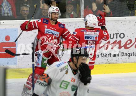 EBEL. Eishockey Bundesliga. KAC gegen	Moser Medical Graz99ers.  Torjubel Andrew Jacob Kozek, Thomas Koch (KAC). Klagenfurt, am 6.10.2019.
Foto: Kuess
www.qspictures.net

---
pressefotos, pressefotografie, kuess, qs, qspictures, sport, bild, bilder, bilddatenbank