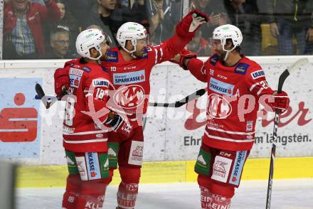 EBEL. Eishockey Bundesliga. KAC gegen	Moser Medical Graz99ers. Torjubel Andrew Jacob Kozek, Thomas Koch, Martin Schumnig,  (KAC). Klagenfurt, am 6.10.2019.
Foto: Kuess
www.qspictures.net

---
pressefotos, pressefotografie, kuess, qs, qspictures, sport, bild, bilder, bilddatenbank