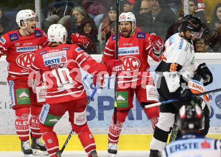 EBEL. Eishockey Bundesliga. KAC gegen	Moser Medical Graz99ers. Torjubel Thomas Koch, Matthew Neal, Andrew Jacob Kozek (KAC). Klagenfurt, am 6.10.2019.
Foto: Kuess
www.qspictures.net

---
pressefotos, pressefotografie, kuess, qs, qspictures, sport, bild, bilder, bilddatenbank