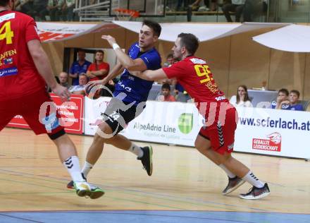 Handball Bundesliga. HLA. SC Kelag Ferlach gegen UHK Krems.  Mladan Jovanovic, (SCF), Marko Simek (Krems). Ferlach, am 28.9.2019.
Foto: Kuess
---
pressefotos, pressefotografie, kuess, qs, qspictures, sport, bild, bilder, bilddatenbank