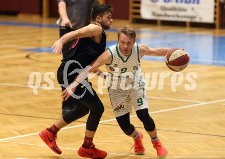 Basketball 2. Bundesliga. Grunddurchgang 3. Runde. KOS Celovec gegen Mistelbach Mustangs. Tim Huber,  (KOS Celovec), Julian Alper (Mustangs). Klagenfurt, am 5.10.2019.
Foto: Kuess
www.qspictures.net

---
pressefotos, pressefotografie, kuess, qs, qspictures, sport, bild, bilder, bilddatenbank