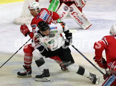EBEL. Eishockey Bundesliga. KAC gegen	Moser Medical Graz99ers. Patrick Harand,  (KAC), Gregory Leland Squires (Graz). Klagenfurt, am 6.10.2019.
Foto: Kuess
www.qspictures.net

---
pressefotos, pressefotografie, kuess, qs, qspictures, sport, bild, bilder, bilddatenbank