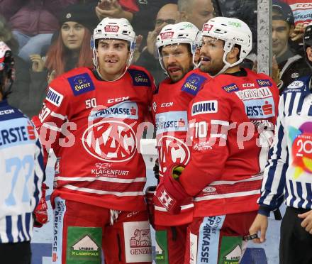 EBEL. Eishockey Bundesliga. KAC gegen	Moser Medical Graz99ers. Torjubel Thomas Koch, Matthew Neal, Andrew Jacob Kozek (KAC). Klagenfurt, am 6.10.2019.
Foto: Kuess
www.qspictures.net

---
pressefotos, pressefotografie, kuess, qs, qspictures, sport, bild, bilder, bilddatenbank