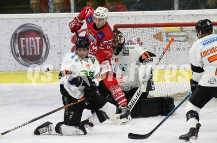 EBEL. Eishockey Bundesliga. KAC gegen	Moser Medical Graz99ers. Lukas Haudum,  (KAC), Trevor Hamilton (Graz). Klagenfurt, am 6.10.2019.
Foto: Kuess
www.qspictures.net

---
pressefotos, pressefotografie, kuess, qs, qspictures, sport, bild, bilder, bilddatenbank