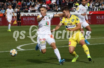 Fussball Bundesliga. RZ Pellets WAC gegen spusu SKN St. Poelten.  Shon Zalman Weissman,  (WAC), Luca Emanuel Meisl (St. Poelten). Wolfsberg, am 6.10.2019.
Foto: Kuess
www.qspictures.net

---
pressefotos, pressefotografie, kuess, qs, qspictures, sport, bild, bilder, bilddatenbank
