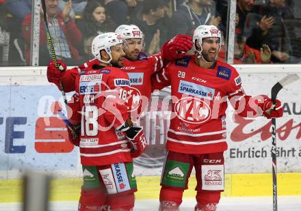 EBEL. Eishockey Bundesliga. KAC gegen	Moser Medical Graz99ers. Torjubel Andrew Jacob Kozek, Thomas Koch, Martin Schumnig,  (KAC). Klagenfurt, am 6.10.2019.
Foto: Kuess
www.qspictures.net

---
pressefotos, pressefotografie, kuess, qs, qspictures, sport, bild, bilder, bilddatenbank