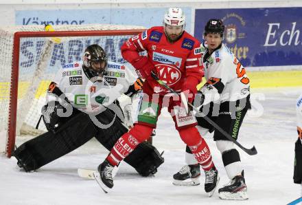 EBEL. Eishockey Bundesliga. KAC gegen	Moser Medical Graz99ers. Andrew Jacob Kozek,  (KAC), Johansson Karl,  Cristopher Nihlstorp (Graz). Klagenfurt, am 6.10.2019.
Foto: Kuess
www.qspictures.net

---
pressefotos, pressefotografie, kuess, qs, qspictures, sport, bild, bilder, bilddatenbank
